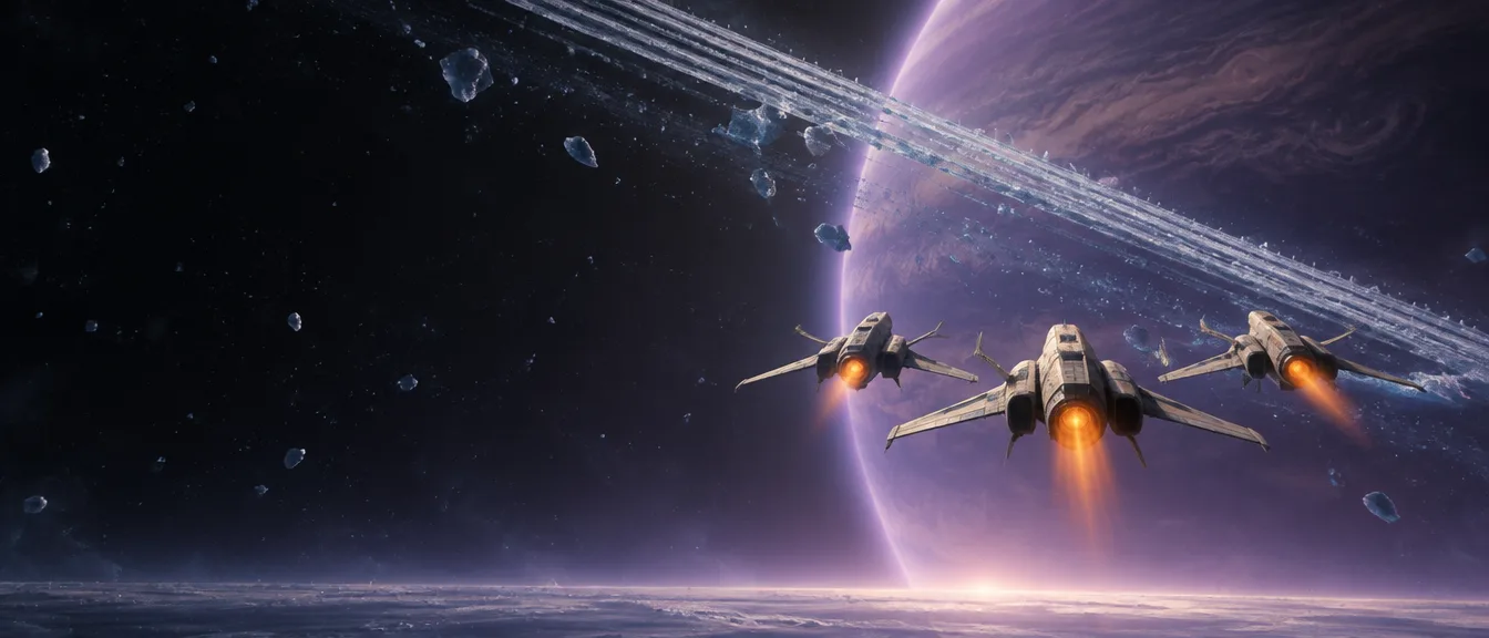 Tiga pesawat tempur Gale Wing dalam formasi V terbang menjauh ke horizon ungu Vesper dengan afterburner menyala